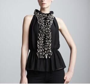Robert Rodriguez for Target Ruffle Front Sheer Peplum Blouse Black Cream S